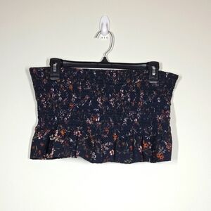 Tularosa Navy Blue Smocked Floral Bandeau Crop Top Size XL Peplum Bubble hem EUC